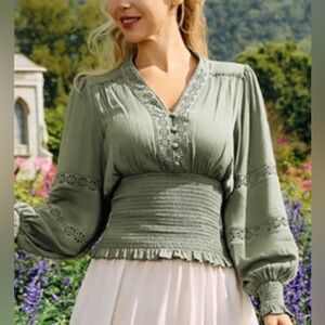 SCARLET DARKNESS Hollow Out Smocked Waist V Neck Blouse Boho Sz Small Eyelet